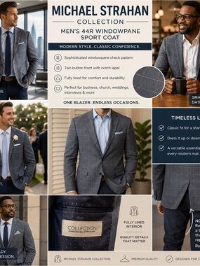 Michael Strahan Collection Blazer 44R Gray Windowpane Check Sport Coat Jacket